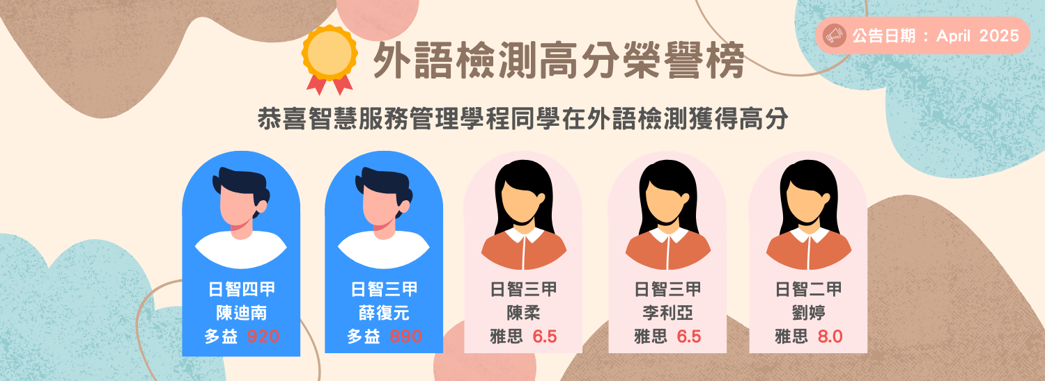 智慧服務管理學程同學在外語檢測獲得高分 榮譽榜
